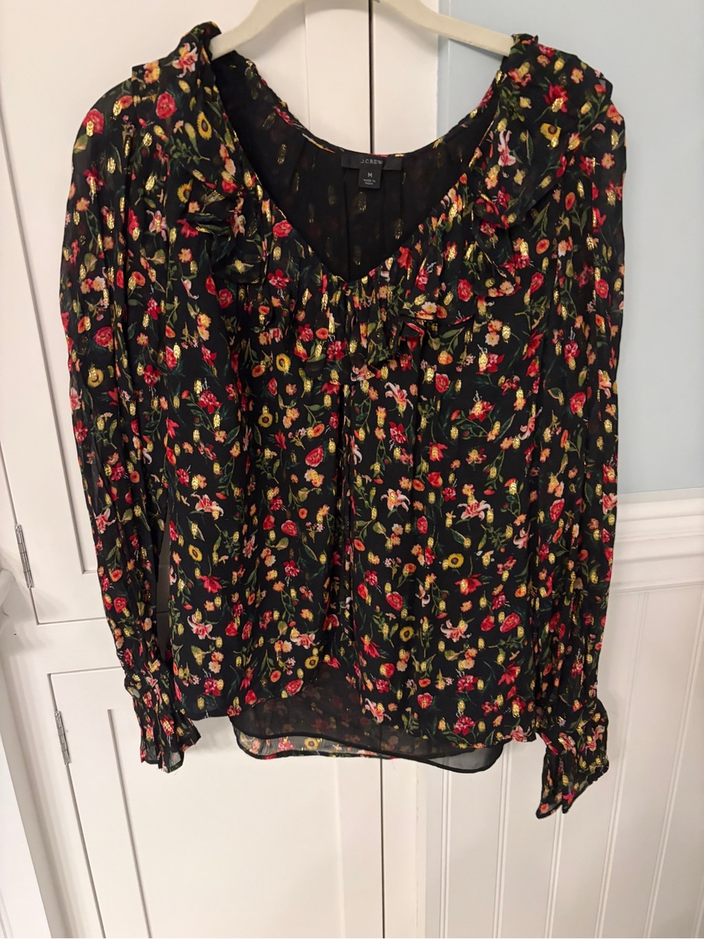 J. Crew Black Sheer Floral Ruffle V-Neck Blouse